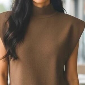 Max Studio Brown Sleeveless Ribbed Mock Neck Top